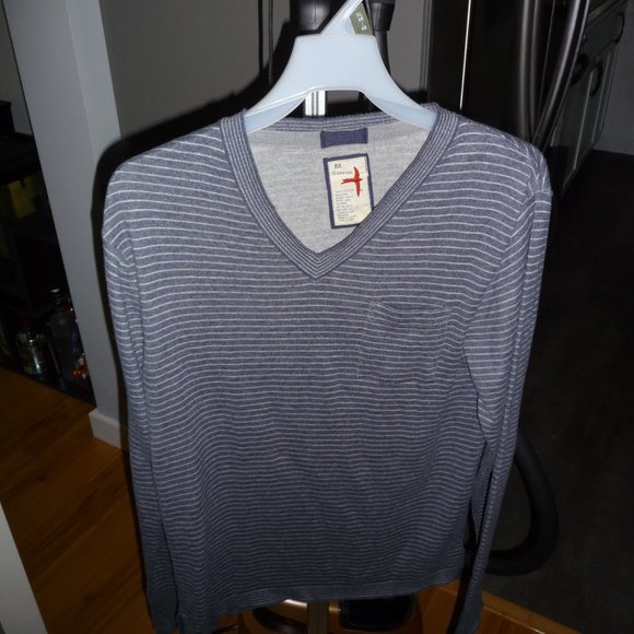 RELWEN MEN BLUE WHITE STRIPED COTTON V-NECK SWEATER SMALL FRONT POCKET MEDIUM - Picture 3 of 10